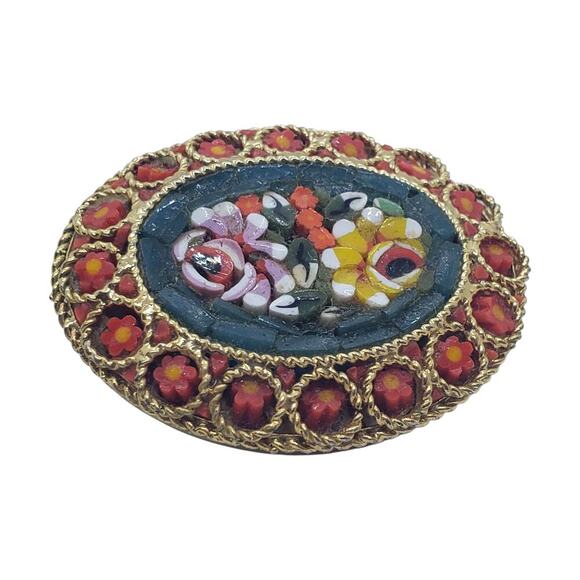 Vintage Italian Micro Mosaic Floral Brooch Pin Oval Glass Flowers millefiori - Picture 2 of 16